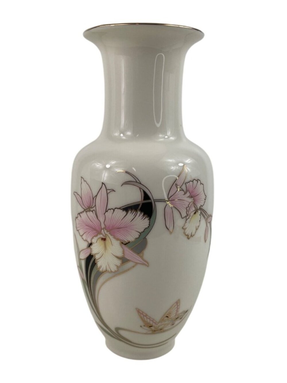 Hand-Painted White Porcelain Vase With Pink Orchid Design & Gold Trim